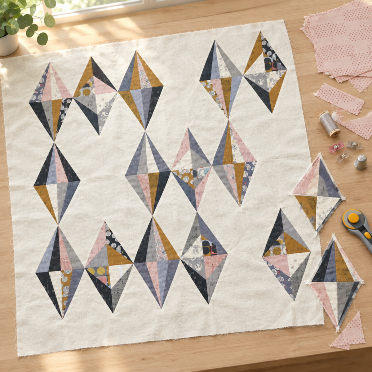 Jewels quilt work in progress on a sewing table, with pale blush Celestial Washi Rose Quartz fabric remnants and quilting tools nearby. Quilts shown for inspiration feature the Jewels Quilt Pattern by Zen Chic — all available at IraRobi Quilts.