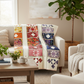 Joyful Trio quilt pattern by Robin Pickens made with Superbloom fabric collection by Robin Pickens for Moda Fabrics — draped over a cozy living room sofa — three-column medallion quilt in warm orange, jewel red, and purple colorways — Joyful Trio pattern and Superbloom fabrics available at IraRobi Quilts