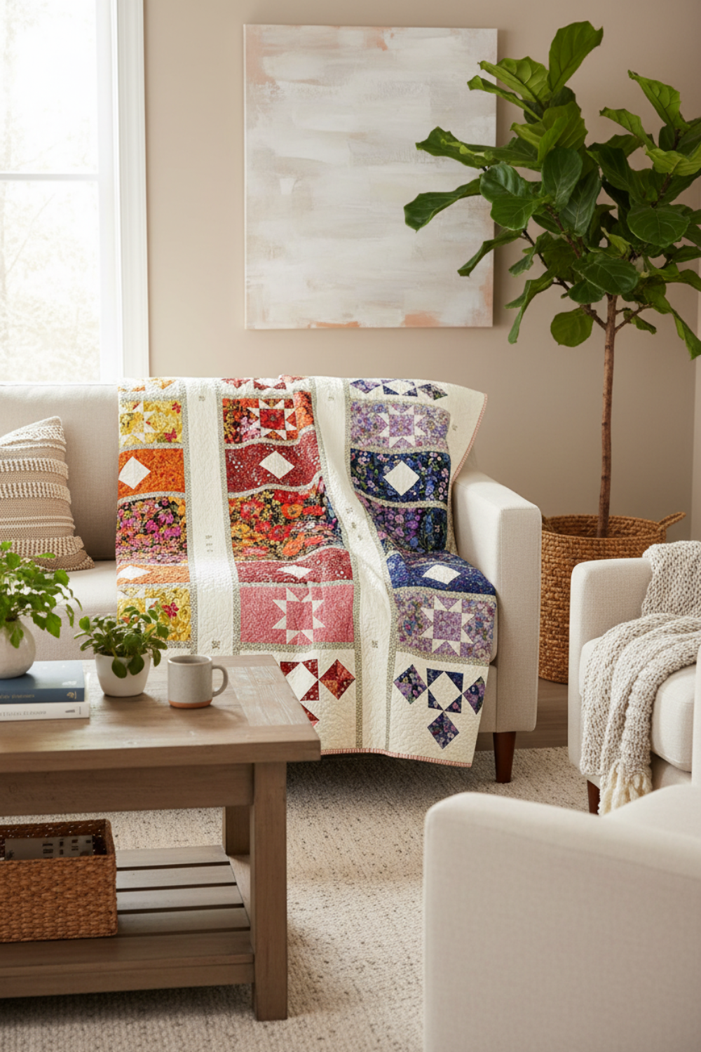 Joyful Trio quilt pattern by Robin Pickens made with Superbloom fabric collection by Robin Pickens for Moda Fabrics — draped over a cozy living room sofa — three-column medallion quilt in warm orange, jewel red, and purple colorways — Joyful Trio pattern and Superbloom fabrics available at IraRobi Quilts