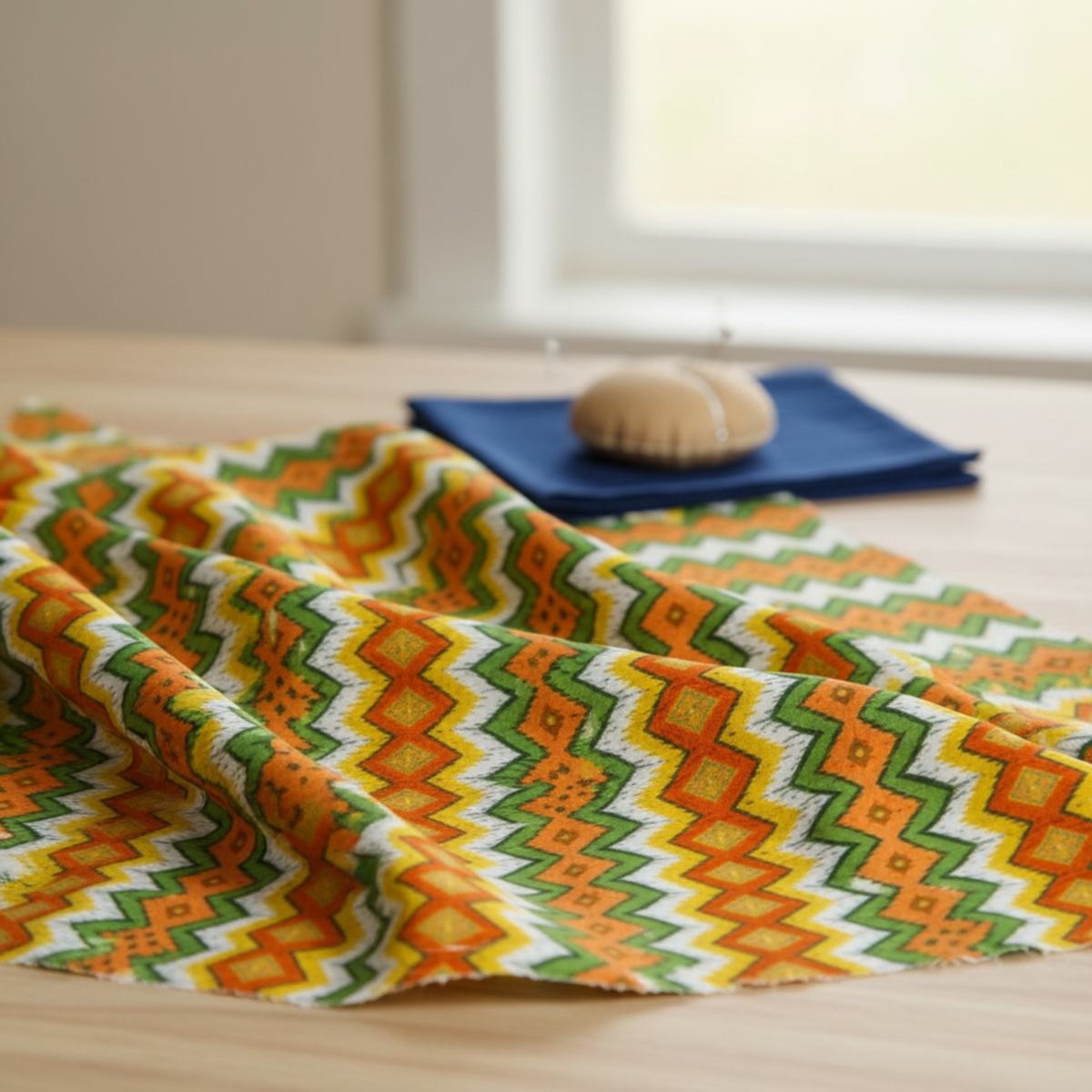 Jungle Friends Multi Stripe 3-yard cut fabric draped on a wooden sewing table, displaying orange, green, yellow, white, and gold geometric stripes.