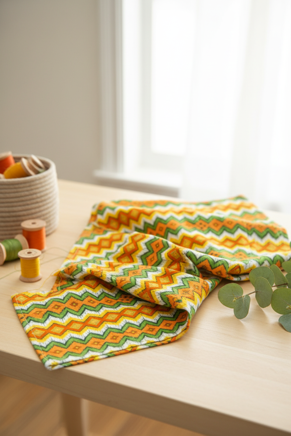 Jungle Friends Multi Stripe 3-yard cut fabric displayed in a bright sewing room, featuring orange, green, yellow, white, and gold geometric stripes.