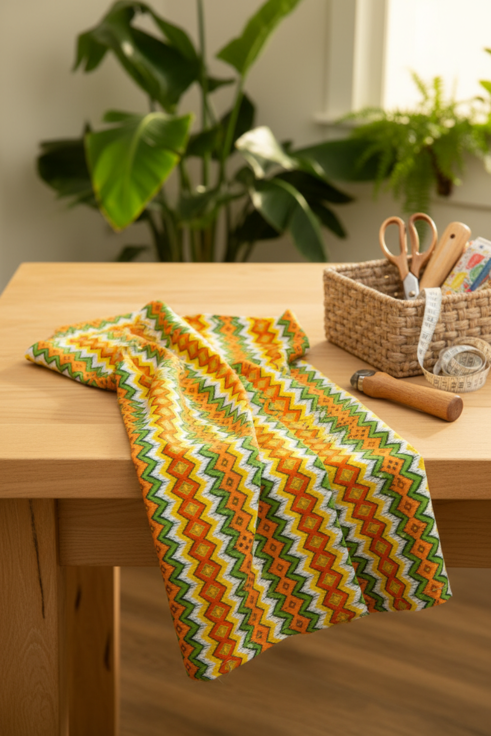 Jungle Friends Multi Stripe 3-yard cut fabric displayed on a sewing table in a warm sewing room, showing orange, green, yellow, white, and gold geometric stripes.