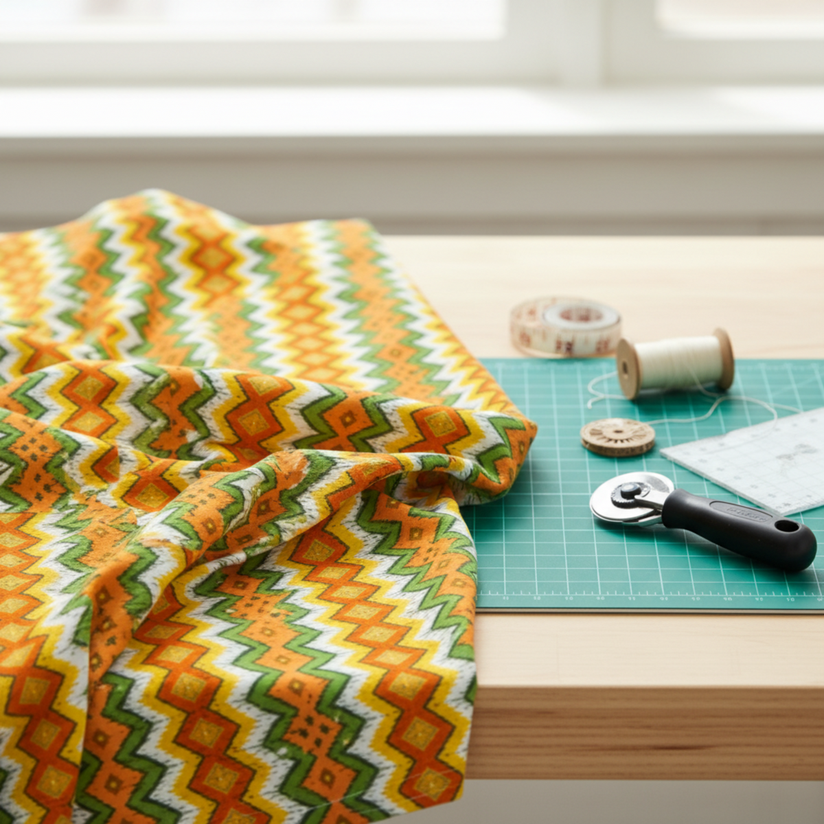Jungle Friends Multi Stripe 3-yard cut fabric displayed on a quilting workstation, featuring orange, green, yellow, white, and gold geometric stripes.