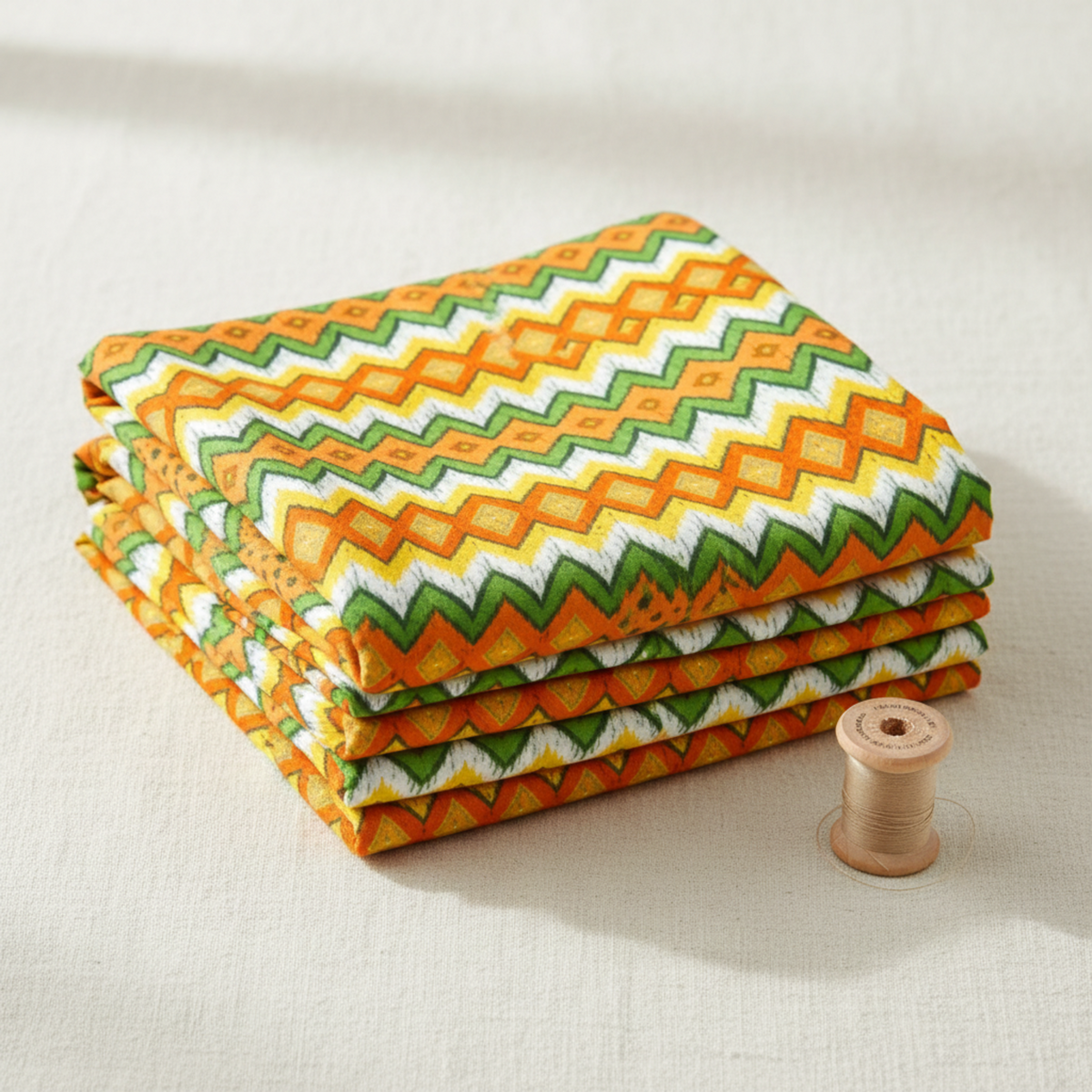 Folded Jungle Friends Multi Stripe 3-yard cut fabric stack on cream linen, showing bold orange, green, yellow, white, and gold geometric stripes.