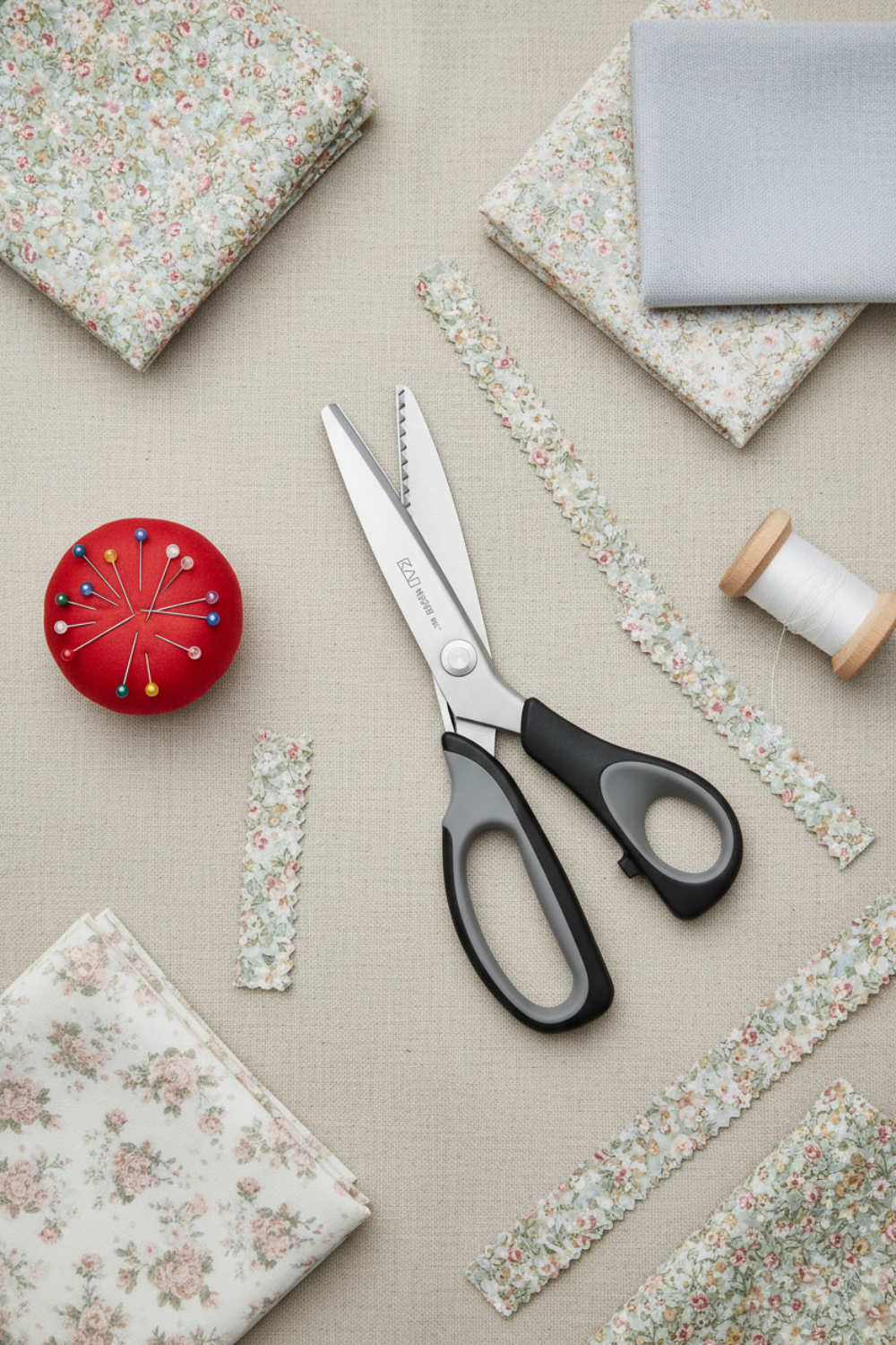 KAI N5360 9in Pinking Shears with black and gray ergonomic handles on a linen surface, surrounded by folded floral and solid quilting fabric swatches, pinked zigzag-edge fabric strips, a red tomato pin cushion with colorful pins, and a spool of white thread