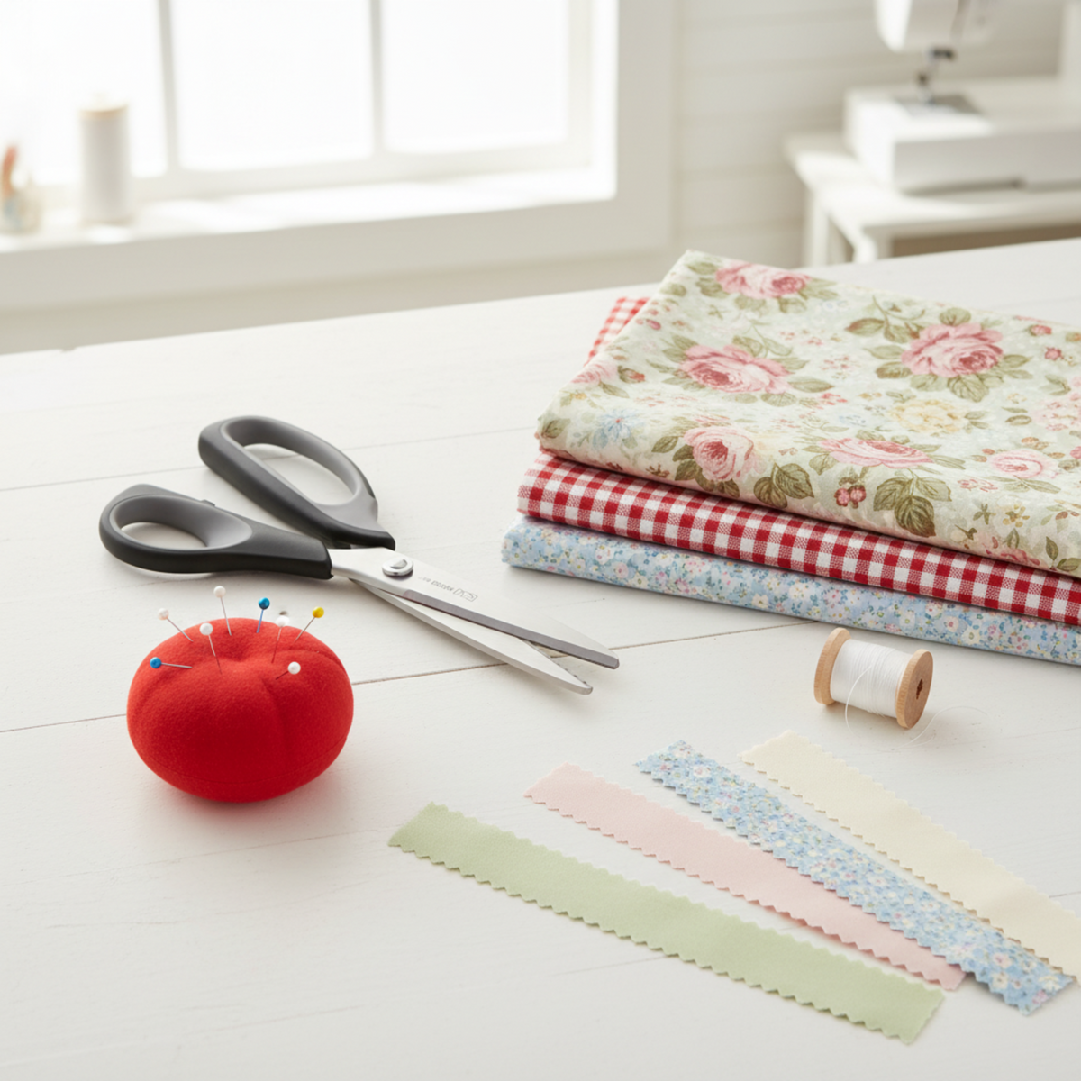 AI N5360 9in Pinking Shears with black and gray ergonomic handles on a white sewing table beside a red tomato pin cushion, a stack of folded floral, gingham, and ditsy print quilting fabrics, a wooden thread spool, and fabric strips with clean zigzag pinked edges in a bright natural-light sewing room
