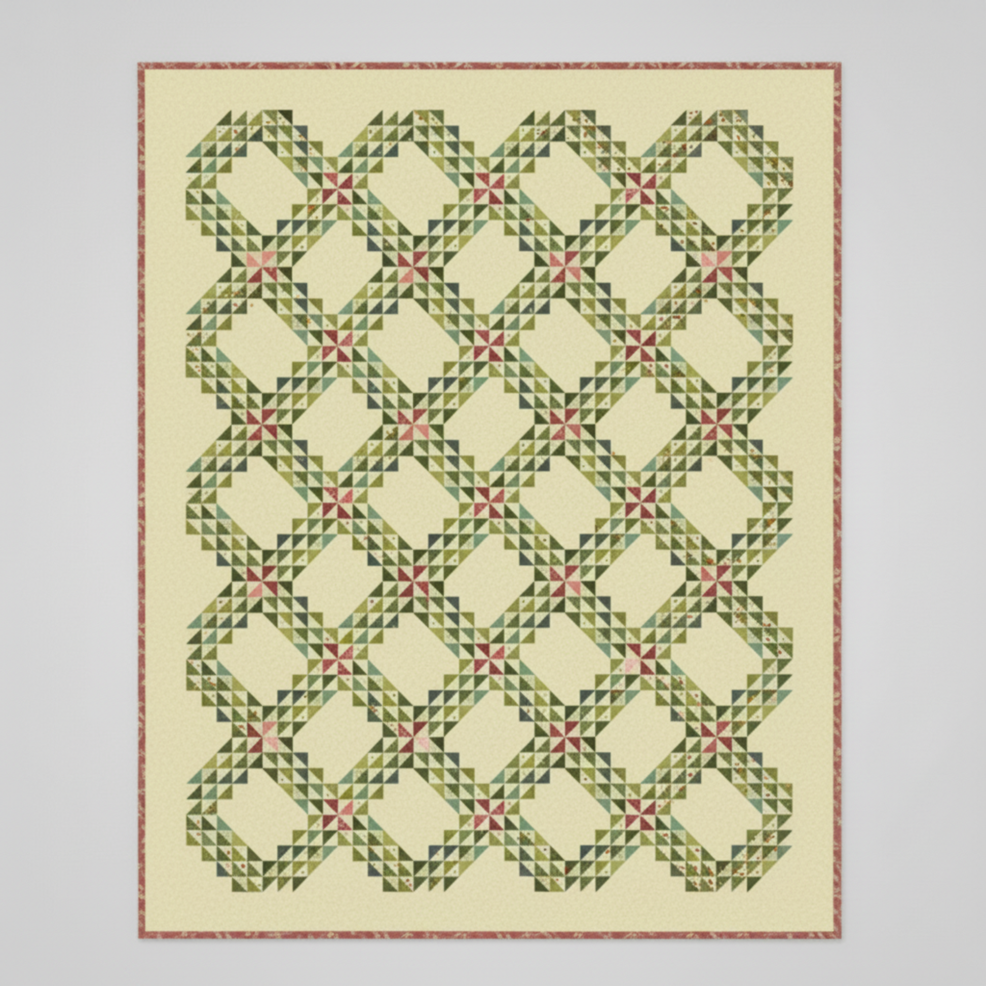 The Fox Homestead Slate Blue Green Tossed Cubes Fabric by Stacy West for Henry Glass — shown as the featured fabric in the Kelley Quilt Pattern by Edyta Sitar of Laundry Basket Quilts, interlocking chain half-square triangle design in graduated slate blue-green and olive tones on a cream background with tossed cubes border. Quilts shown for inspiration feature the Kelley Quilt Pattern by Edyta Sitar of Laundry Basket Quilts — available at IraRobi Quilts.
