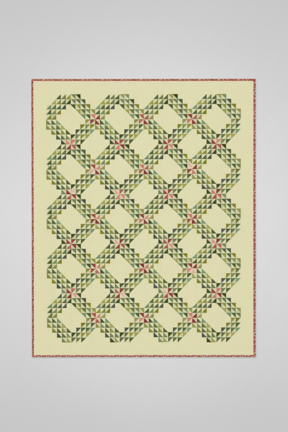 The Fox Homestead Slate Blue Green Tossed Cubes Fabric by Stacy West for Henry Glass — vertical view of the Kelley Quilt Pattern by Edyta Sitar of Laundry Basket Quilts, interlocking chain half-square triangle design in graduated slate blue-green and olive tones on a cream background with tossed cubes border. Quilts shown for inspiration feature the Kelley Quilt Pattern by Edyta Sitar of Laundry Basket Quilts — available at IraRobi Quilts.