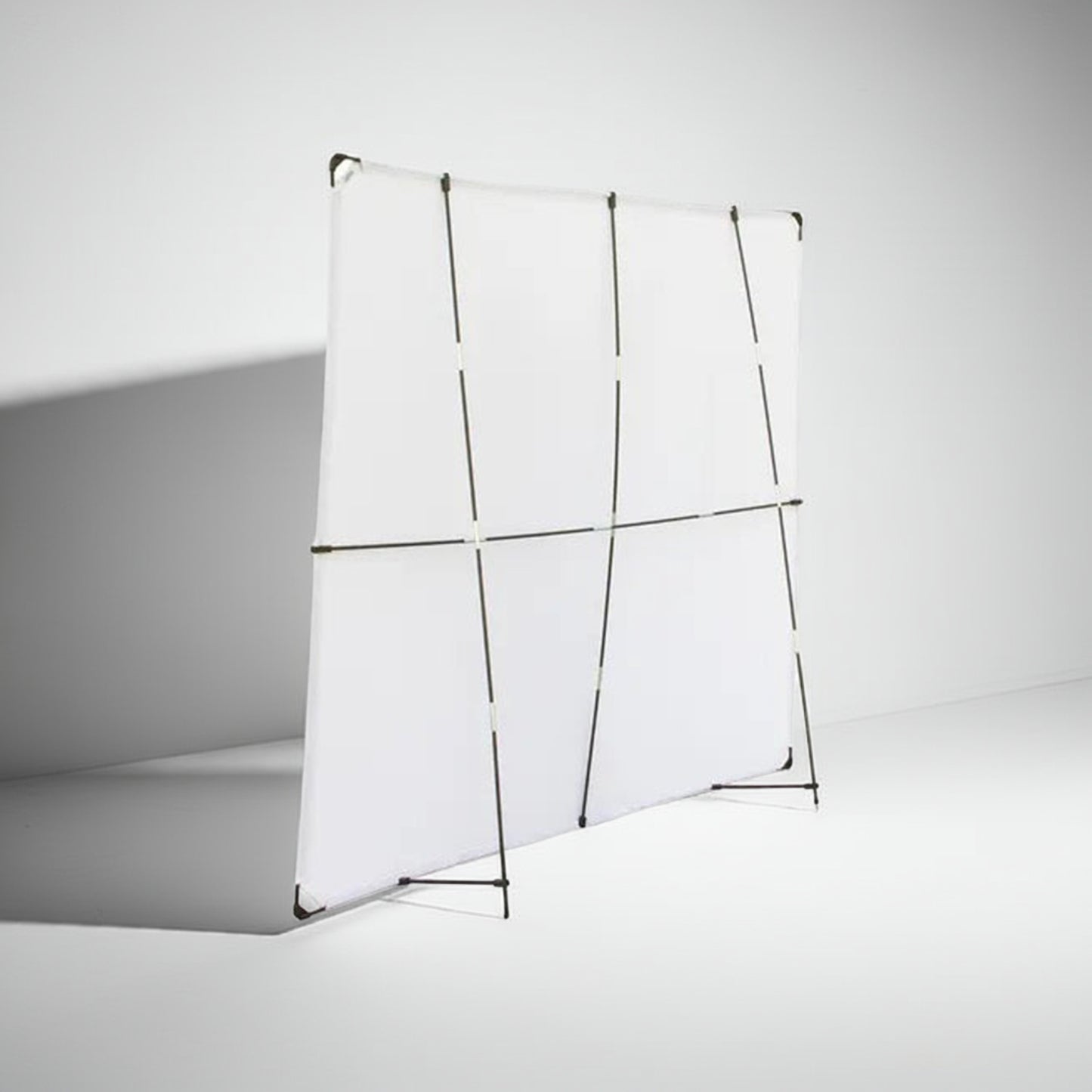 72 inch white flannel quilting design wall assembled on stand, rear view