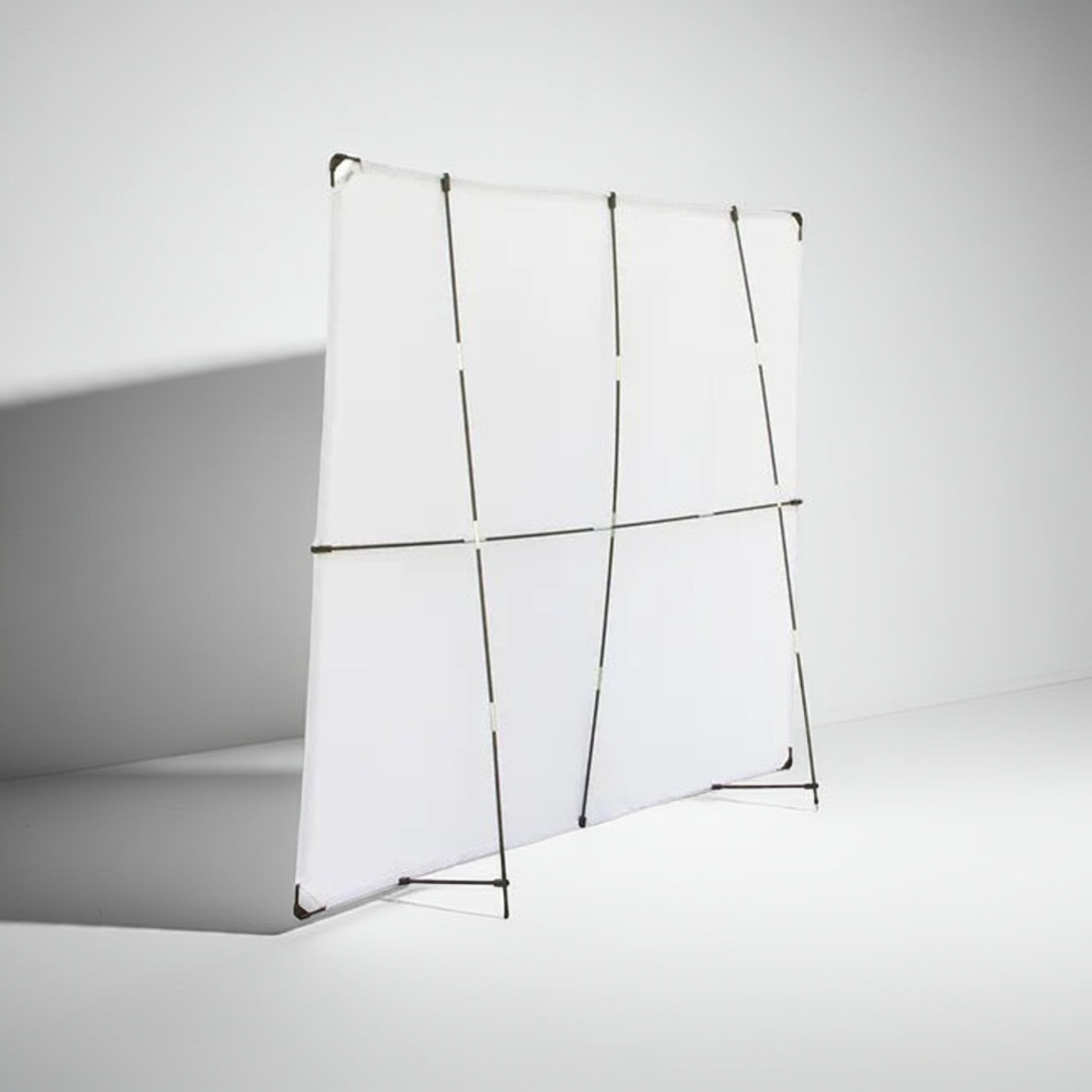 72 inch white flannel quilting design wall assembled on stand, rear view