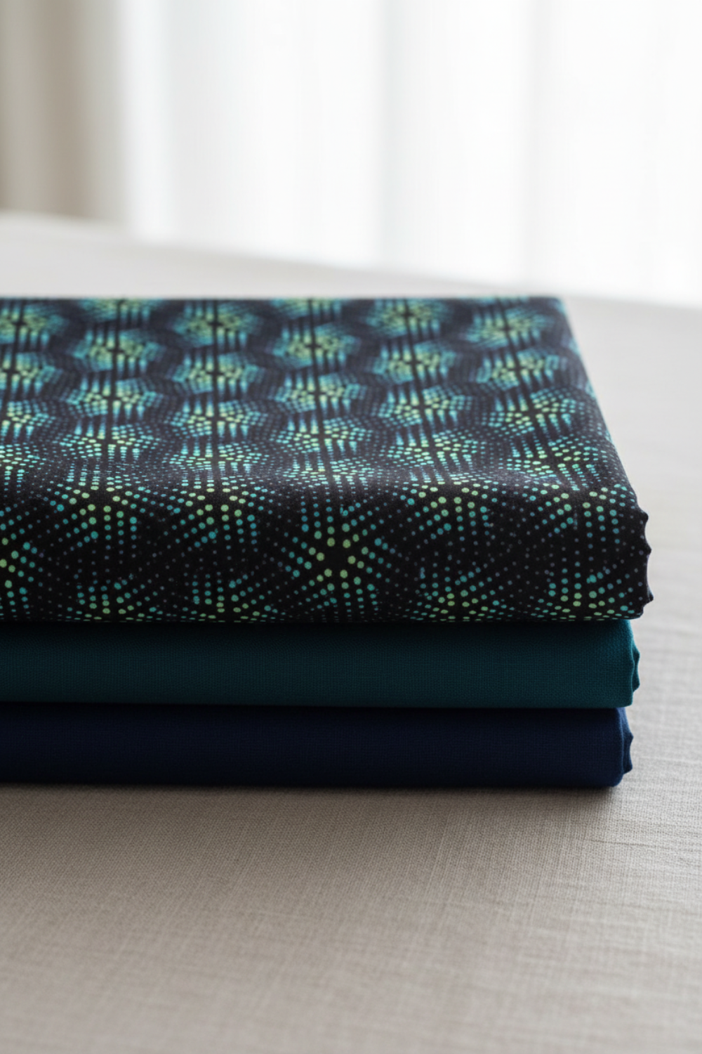 La Luna Black Bursts fabric by Jason Yenter for In The Beginning Fabrics folded in a stack on a light linen surface with coordinating deep teal and navy fabrics – allover geometric star burst blender with glowing hexagonal dots in teal, aqua, and chartreuse on deep black, perfect for celestial and night-themed quilt projects, 100% cotton, 3 yard cut