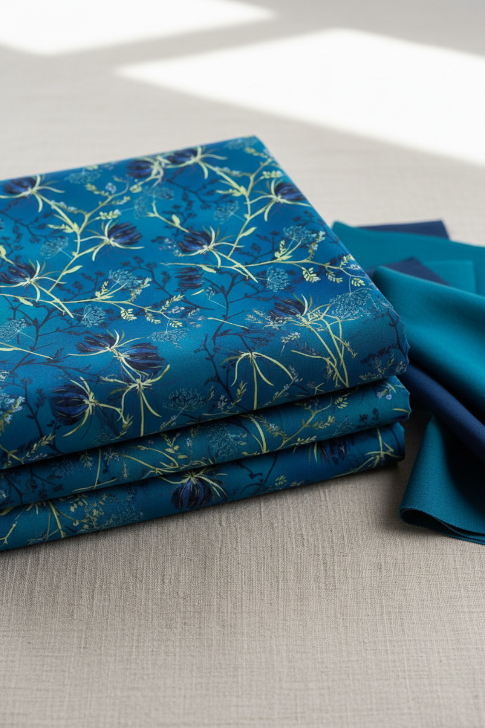 La Luna Blue Night Blooms fabric by Jason Yenter for In The Beginning Fabrics folded in a stack on a light linen surface with coordinating deep teal and navy fabrics – allover trailing botanical with navy moonflower blooms and chartreuse stems on rich cobalt watercolor wash, perfect for night garden quilt projects, 100% cotton, 3 yard cut