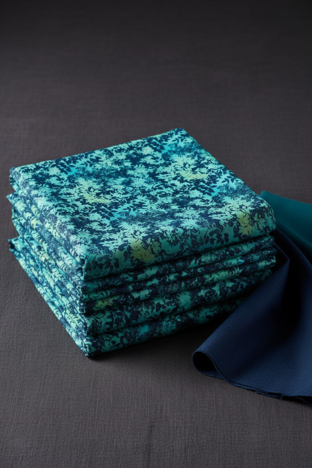 Luna Teal Leaves fabric by Jason Yenter for In The Beginning Fabrics folded in a stack on a dark linen surface with coordinating deep teal blender – dense allover tonal leaf silhouette print with fern fronds and botanical sprigs in aqua, teal, chartreuse, and navy on rich cobalt watercolor wash, perfect for night garden quilt projects, 100% cotton, 3 yard cut