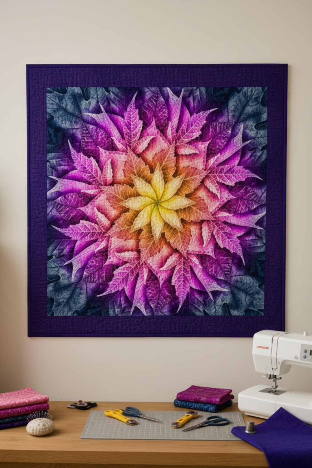 Dream Big Leaf Quilt Panel finished with an Interwoven Blueberry fabric border, displayed as a large approximately 52″ × 51″ quilt in a quilting studio.