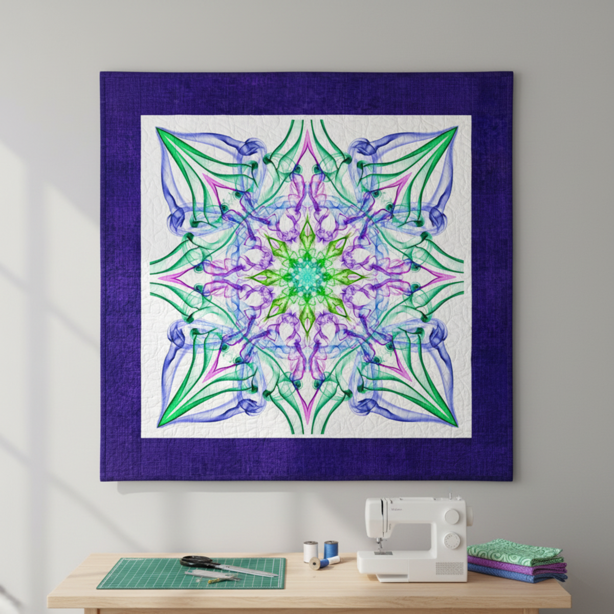 Dream Big Ethereality Dragonfly Quilt Panel finished with an Interwoven Blueberry fabric border and displayed above a quilting studio worktable.