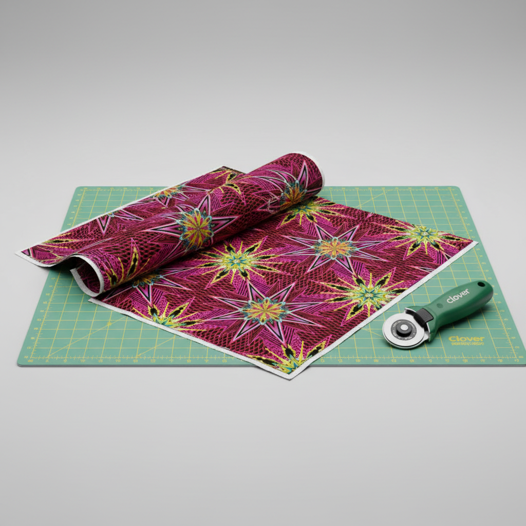 What If Radio Star Red/Multi quilting fabric on self-healing cutting mat with rotary cutter — bold kaleidoscopic starburst print by Paula Nadelstern for Benartex