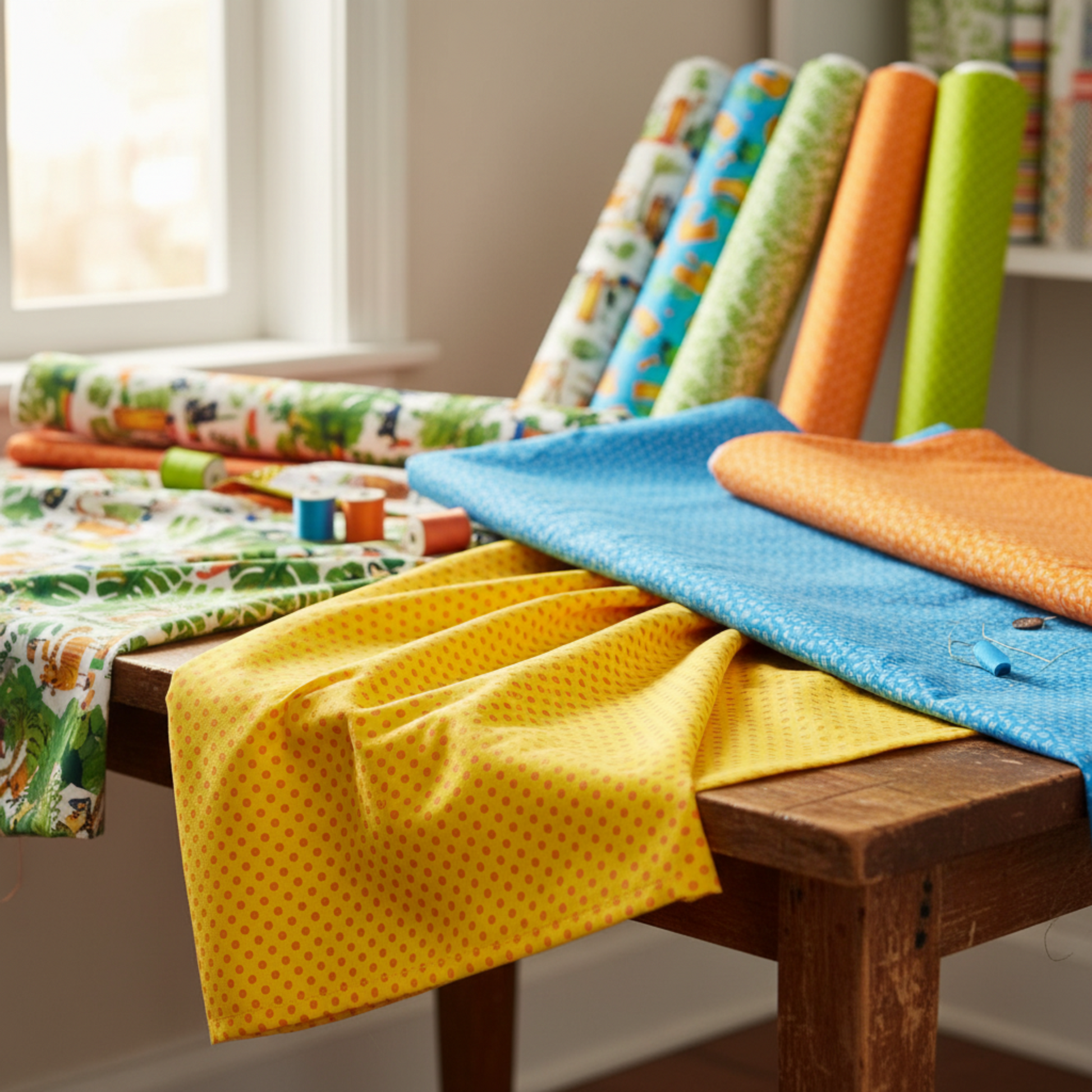 Yellow polka dot quilting fabric draped over a wooden table alongside rolled Safari Fun fabric collection in a bright sewing studio — IraRobi Quilts