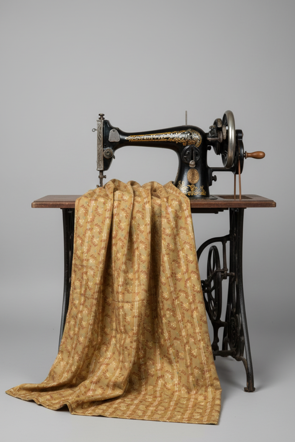 Front Porch by Dolores Smith, Railings Gold for Marcus Fabrics — olive-gold quilting cotton with vertical leaf garland stripes