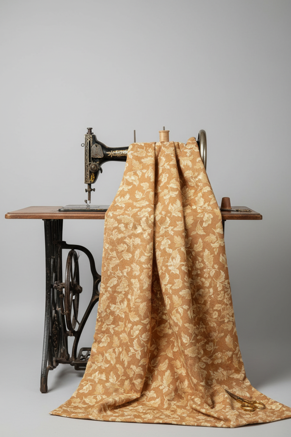 Front Porch by Dolores Smith, Swing Rust for Marcus Fabrics — rust-amber quilting cotton with cream scrolling acanthus leaf motif draped over a vintage sewing machine, 100% cotton 43–44" wide