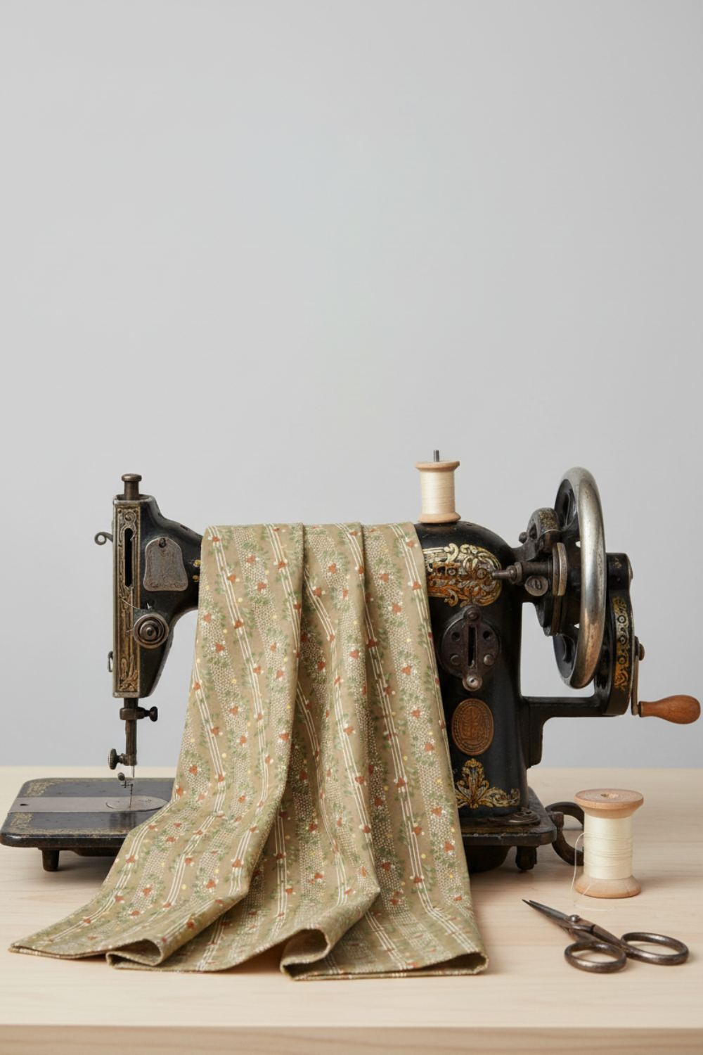 Front Porch by Dolores Smith, Railings Taupe for Marcus Fabrics — taupe-brown quilting cotton with sage green leaf garland stripes draped over a vintage sewing machine, 100% cotton 43–44" wide