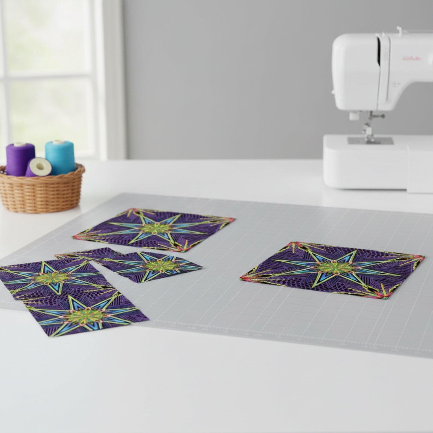 What If Radio Star Purple/Multi quilting cotton cut pieces arranged on cutting mat with sewing machine and coordinating thread basket, quilt in progress by Paula Nadelstern for Benartex