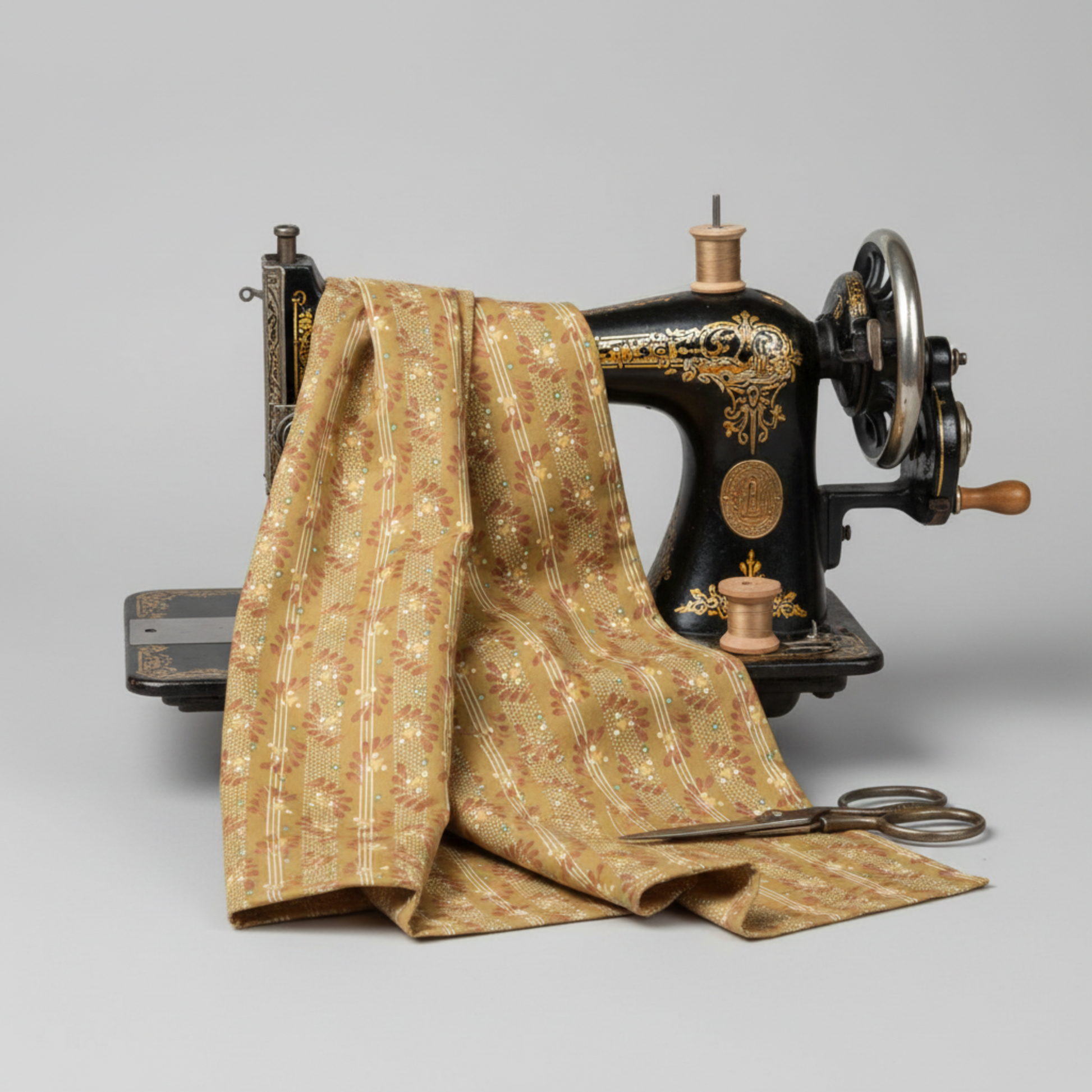 Front Porch Railings Gold quilting cotton by Dolores Smith for Marcus Fabrics — fabric draped over a vintage antique sewing machine showing natural drape and olive-gold leaf garland stripe print