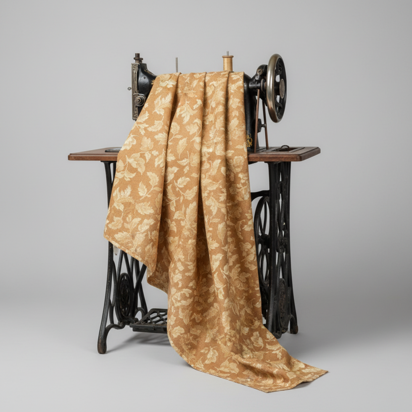 Front Porch Swing Rust quilting cotton by Dolores Smith for Marcus Fabrics — fabric draped over a vintage antique sewing machine showing natural drape and warm rust-amber ground with cream scrolling leaf motif