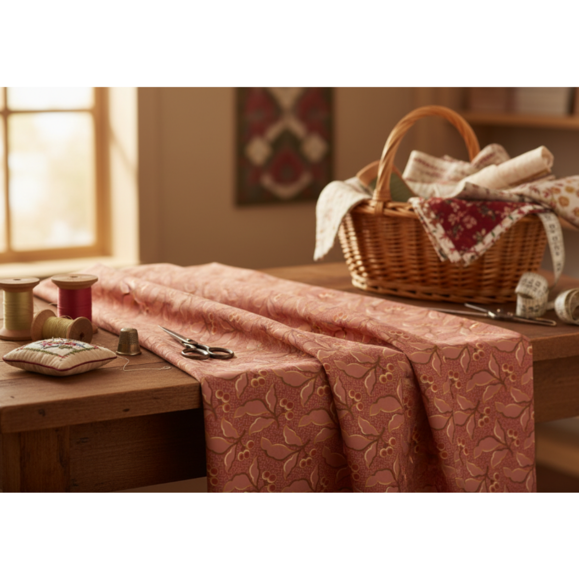 The Fox Homestead Pink Leaves And Berries quilting cotton by Stacy West for Henry Glass — fabric draped softly showing dusty rose-terracotta ground with tossed leaf-and-berry sprigs in muted gold, cream, and deep burgundy