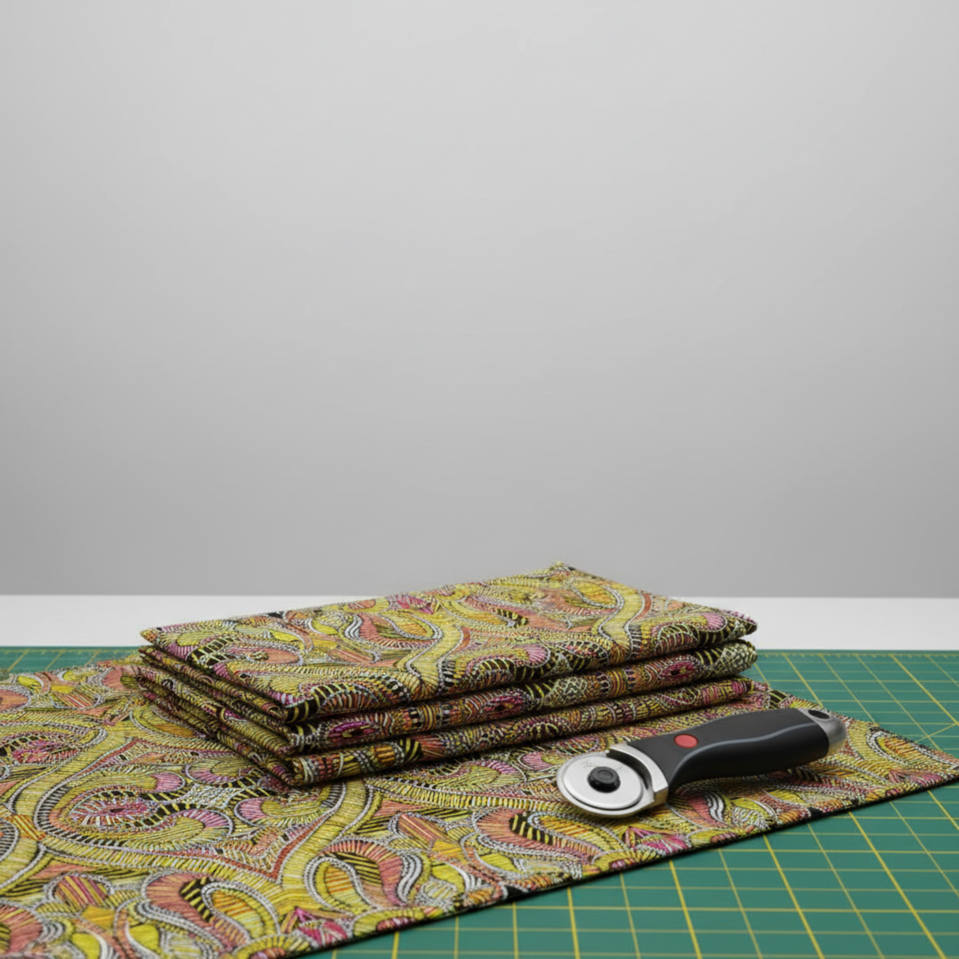 What If Good Vibes Gold/Multi quilting fabric with rotary cutter and cutting mat — bold kaleidoscopic geometric print by Paula Nadelstern for Benartex