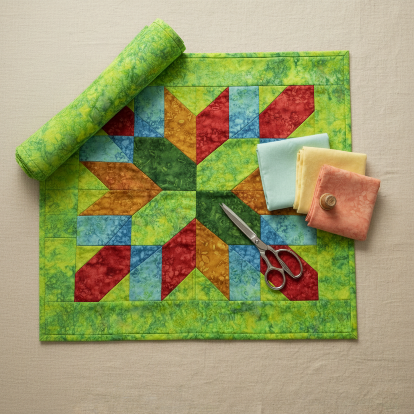 Lone Star quilt block flat lay featuring Expressions Batiks Hand-Dyes Shamrock fabric by Riley Blake Designs as the background and border – bright electric lime-green hand-dyed batik with lively chartreuse yellow and soft teal-blue organic mottled overlays, with eight-pointed star in warm golden-amber, tomato red, sky blue, and medium green tonal batiks, rolled Shamrock fabric bolt upper left, folded sky blue, pale yellow, and soft coral fabric swatches upper right, silver scissors on warm linen surface wit