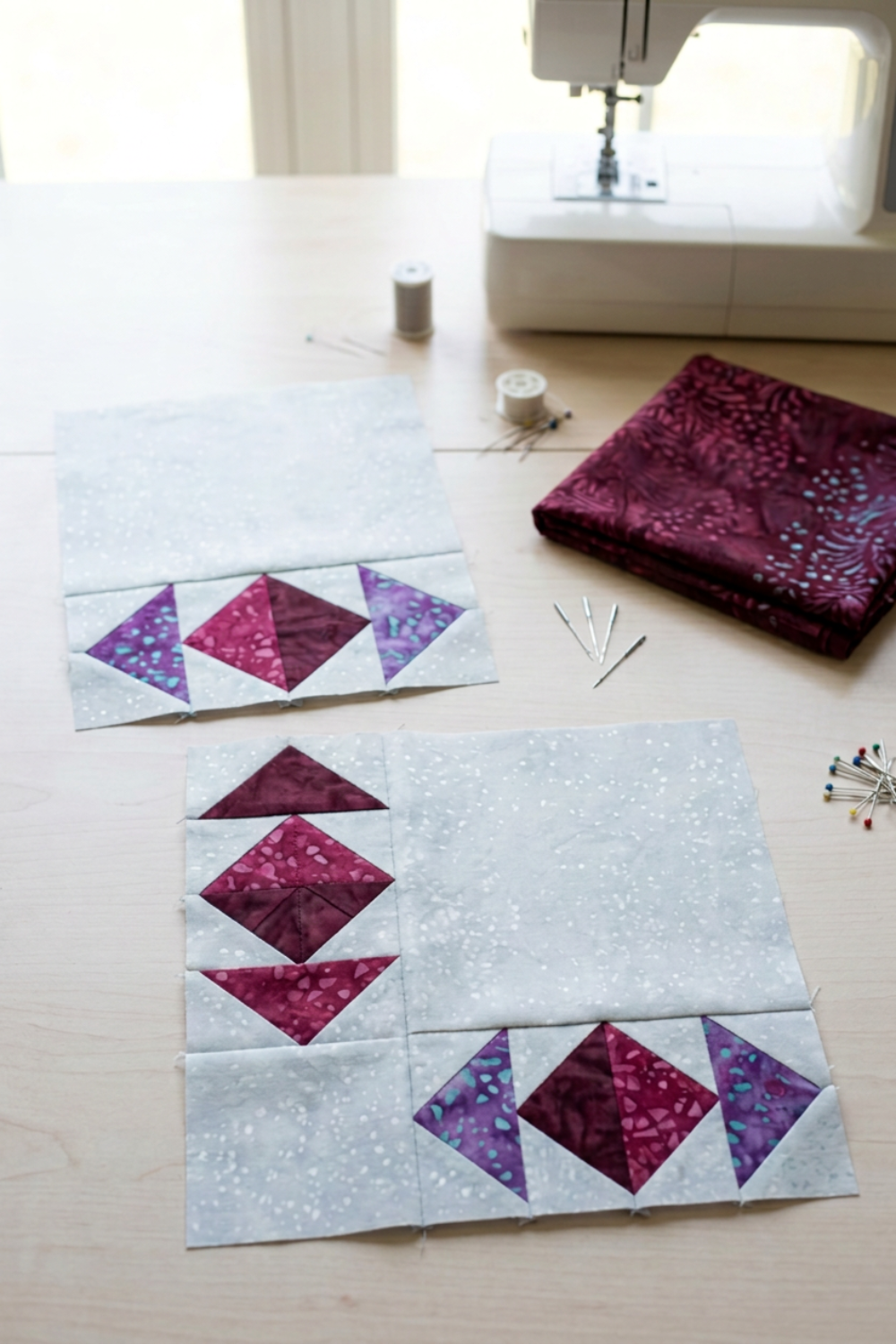 Two unfinished quilt blocks with burgundy and purple triangle-and-diamond units bordering large pale background areas on a sewing table with folded fabric, pins, thread, and a sewing machine. Quilts shown for inspiration feature the Geese Over Galveston Bay Quilt Pattern by The Quilt Rambler, available at IraRobi Quilts.