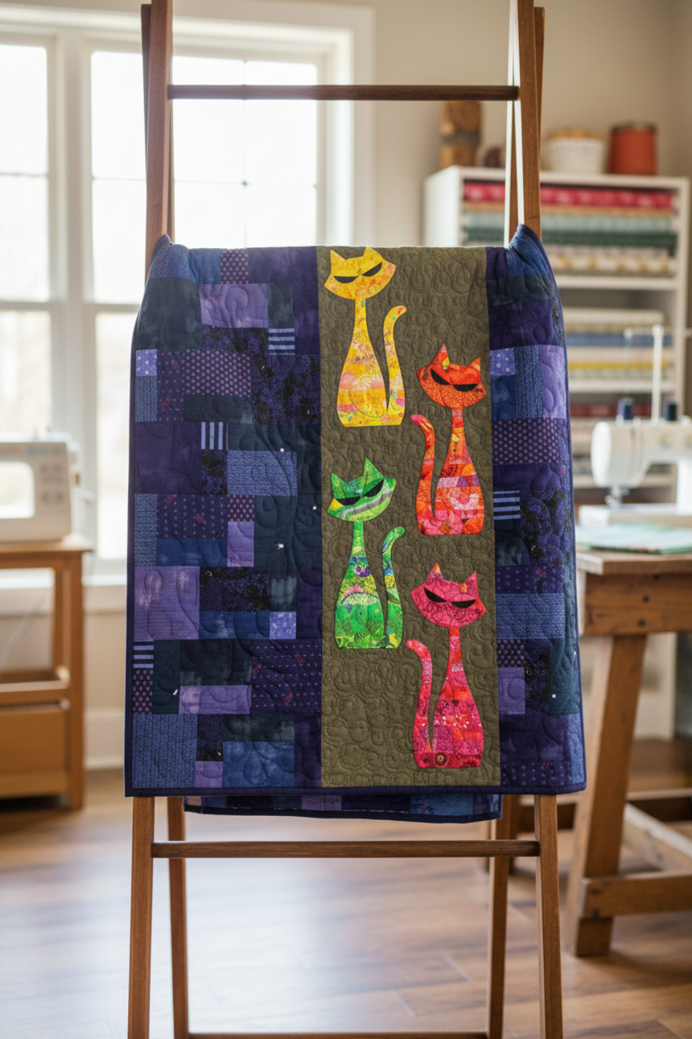 Interwoven Cherry Fabric by Jason Yenter for In The Beginning Fabrics as a cherry red cat appliqué in a finished Mod Cat quilt draped on a quilt ladder — deep red crosshatch tonal blender paired with yellow, green, and pink Interwoven colorways on a rich purple and blue scrappy background. Quilts shown for inspiration feature the Mod Cat Quilt Pattern by Colourwerx — available at IraRobi Quilts.