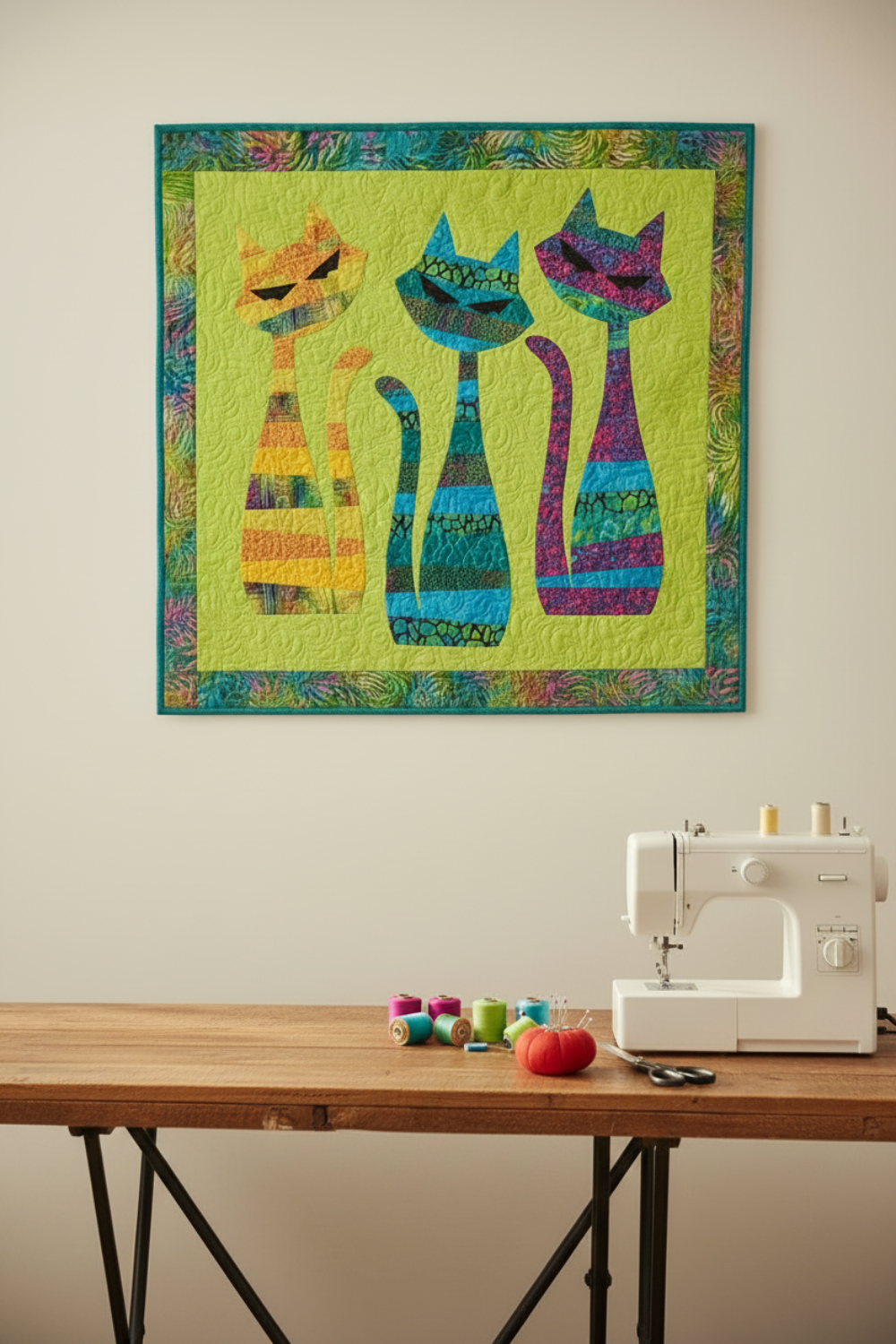 Interwoven Lime Fabric by Jason Yenter for In The Beginning Fabrics as the background in a Mod Cats appliqué quilt hung on a white wall above a wooden sewing table with white sewing machine, thread spools, and red tomato pin cushion. Quilts shown for inspiration feature the Mod Cats Quilt Pattern — available at IraRobi Quilts.