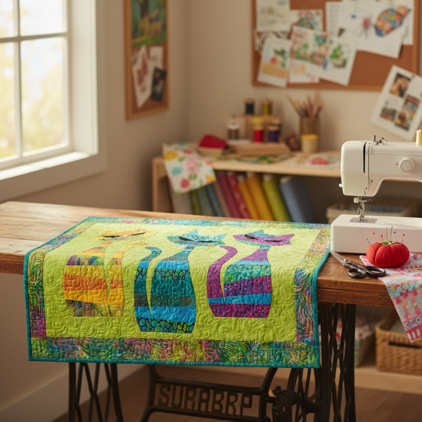 Interwoven Lime Fabric by Jason Yenter for In The Beginning Fabrics as the background in a Mod Cats appliqué quilt draped over a vintage treadle sewing table — three stylized cat appliqués in orange-yellow, teal-blue, and purple-pink batiks with multicolor batik border. Quilts shown for inspiration feature the Mod Cats Quilt Pattern — available at IraRobi Quilts.
