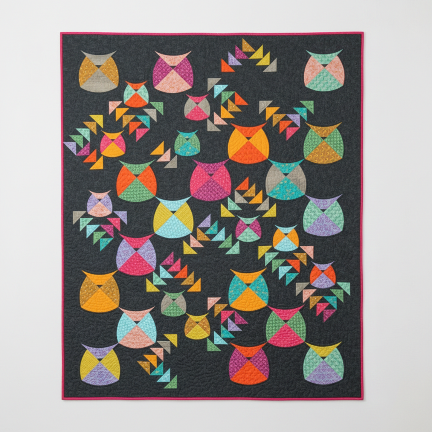 Mod Owls Revival quilt pattern by Sew Kind of Wonderful made with Spotted Charcoal fabric as background – deep charcoal-grey tonal speckled near-solid by Zen Chic for Moda Fabrics, 100% cotton