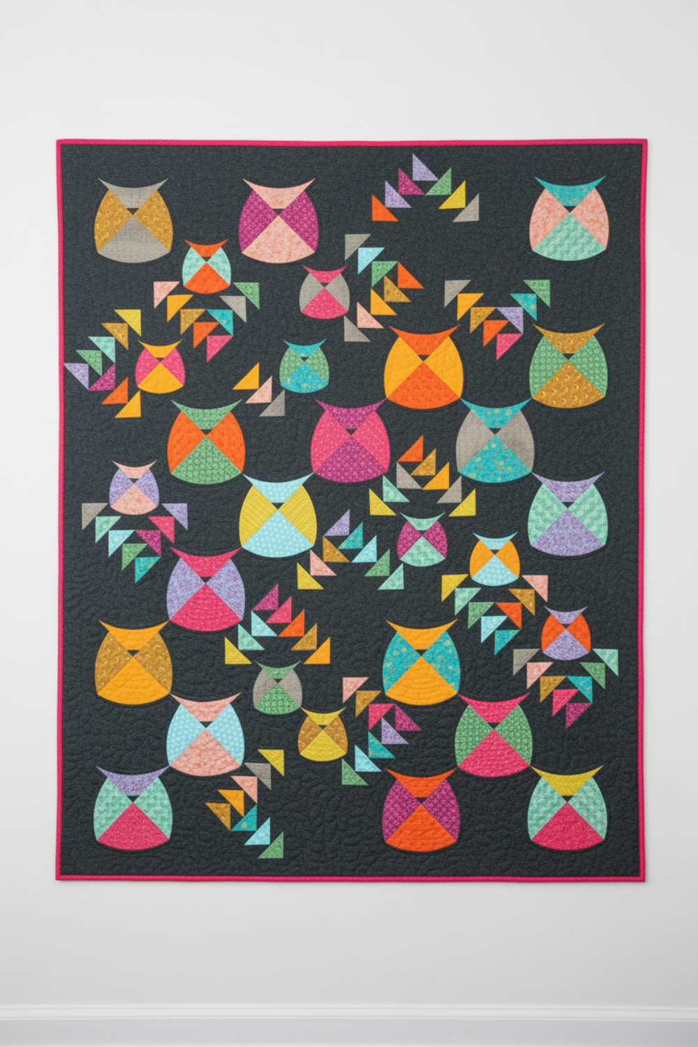 Mod Owls Revival quilt by Sew Kind of Wonderful featuring Spotted Charcoal fabric as background – deep charcoal-grey tonal speckled near-solid blender by Zen Chic for Moda Fabrics, perfect for modern scrappy quilts, 100% cotton