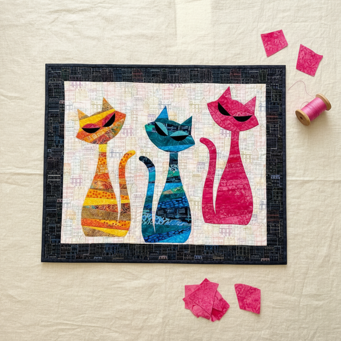 ModCat quilt by Colourwerx work-in-progress featuring Expressions Batiks Hand-Dyes Begonia fabric by Riley Blake Designs as the right cat – pure saturated hot pink hand-dyed batik with organic painterly texture, alongside orange-gold and teal-blue striped tonal batik cats on a cream cityscape batik background, with loose cut Begonia pink fabric pieces and pink thread spool on a warm linen surface