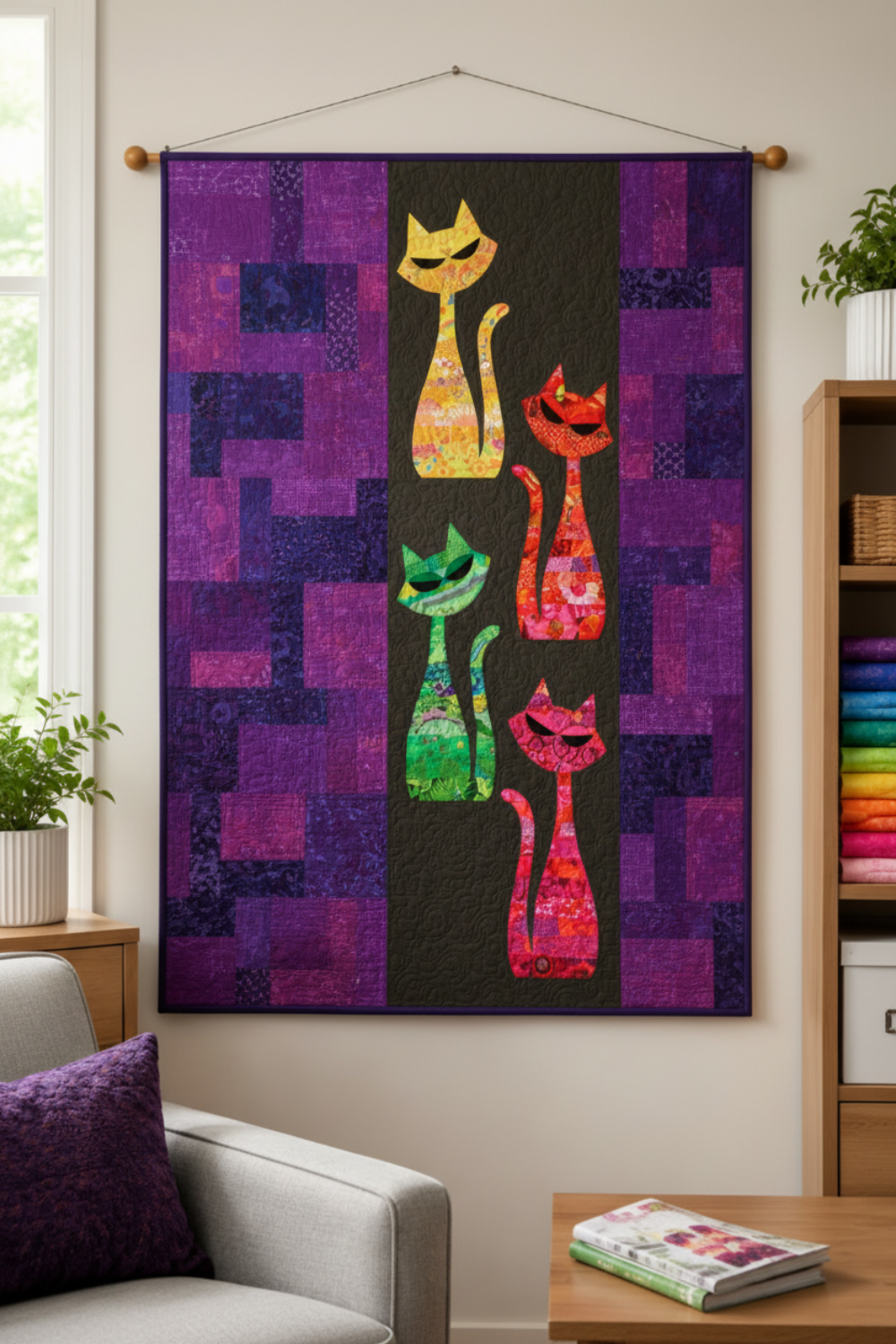 ModCat quilt wall hanging with vivid purple-violet Interwoven Plum patchwork side panels and colorful cat appliqués – ModCat Quilt Pattern by Colourwerx using Interwoven Plum by Jason Yenter for In The Beginning Fabrics. Shop Interwoven Plum at IraRobi Quilts | #modcat #colourwerx #quiltingfabric #Interwoven #purplefabric #catquilt