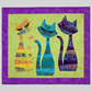 ModCat quilt with Interwoven Plum by Jason Yenter for In The Beginning Fabrics as the border fabric – three colorful cat appliqués on lime green center panel, ModCat Quilt Pattern by Colourwerx