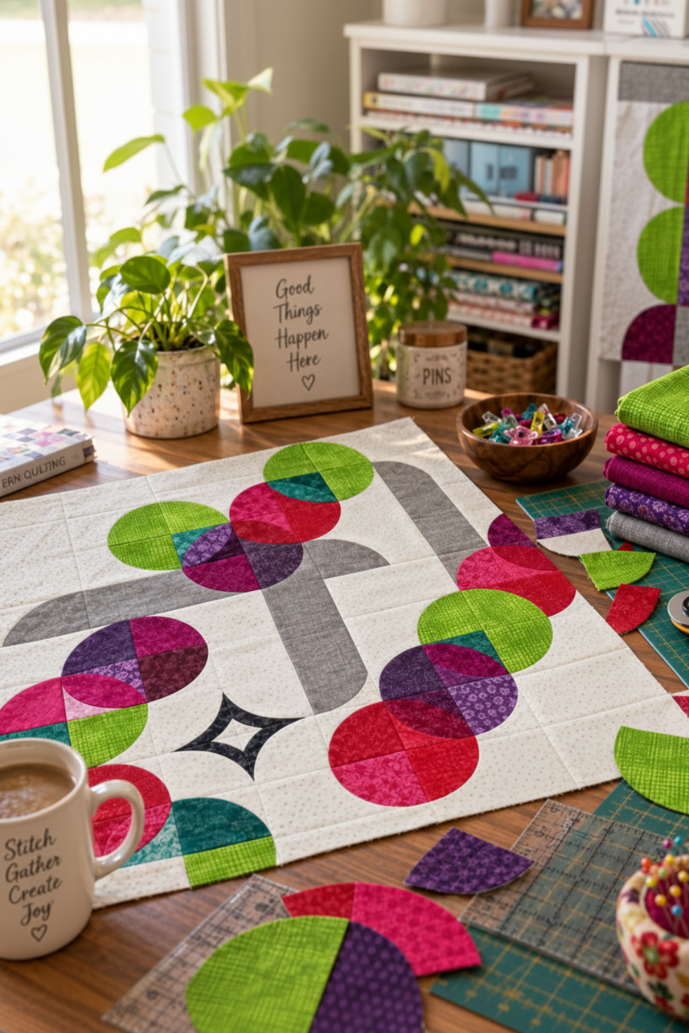 nterwoven Spring Grass Fabric by Jason Yenter for In The Beginning Fabrics featured in curved circle blocks in a Moon Dance quilt top on a wooden sewing table — paired with hot pink, teal, purple, and red coordinating prints on a white background. Fabric stack, wonder clips bowl, rotary cutter, and potted plant in the scene. Quilts shown for inspiration feature the Moon Dance Quilt Pattern by Sew Kind of Wonderful — available at IraRobi Quilts.