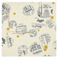 Close-up of Celestial News Dropping Moonbeam fabric by Zen Chic for Moda Fabrics, featuring charcoal newspaper-style circles and mustard-gold dots on ivory. 