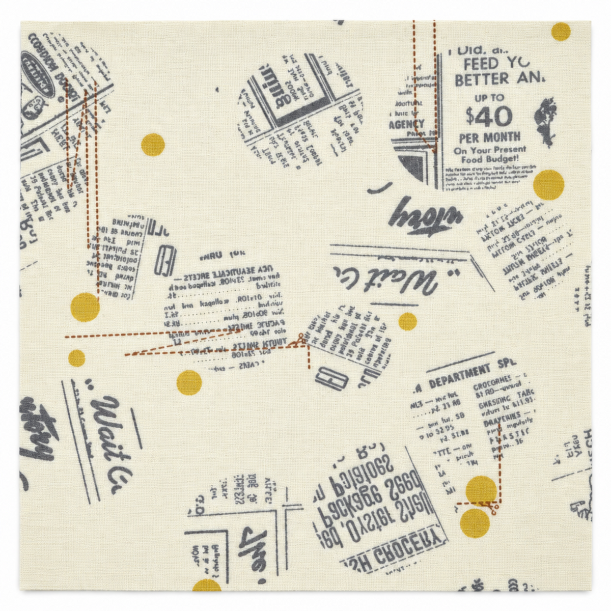 Close-up of Celestial News Dropping Moonbeam fabric by Zen Chic for Moda Fabrics, featuring charcoal newspaper-style circles and mustard-gold dots on ivory. 