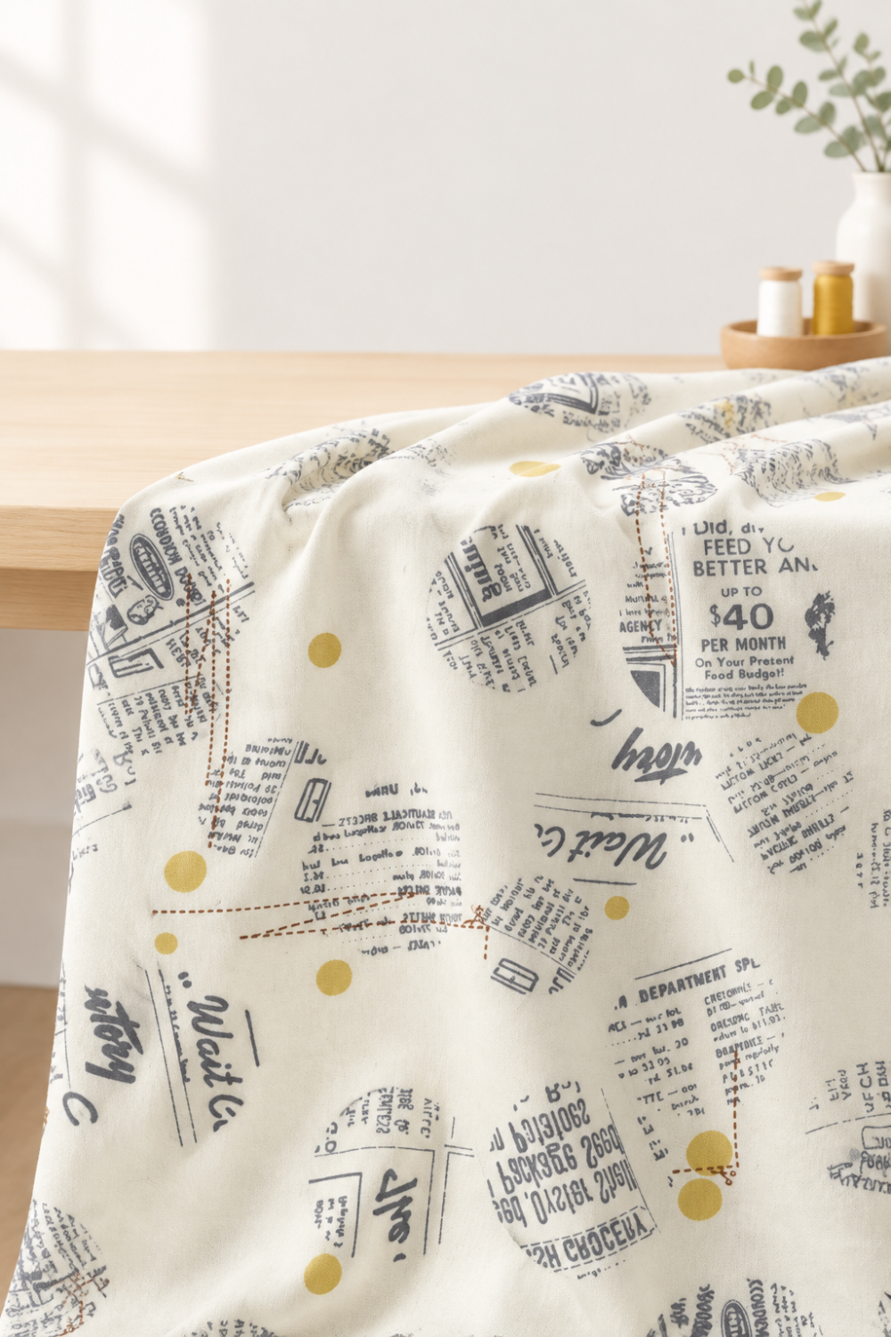Draped Celestial News Dropping Moonbeam fabric by Zen Chic for Moda Fabrics, with charcoal newsprint motifs and mustard-gold dots on ivory.