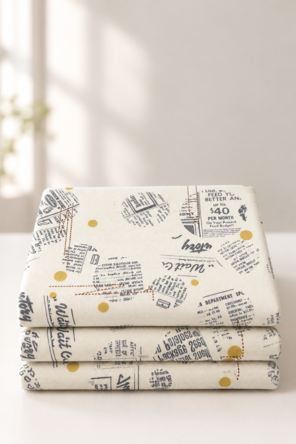Folded stack of Celestial News Dropping Moonbeam fabric by Zen Chic for Moda Fabrics, featuring charcoal newsprint motifs and mustard-gold dots on ivory.
