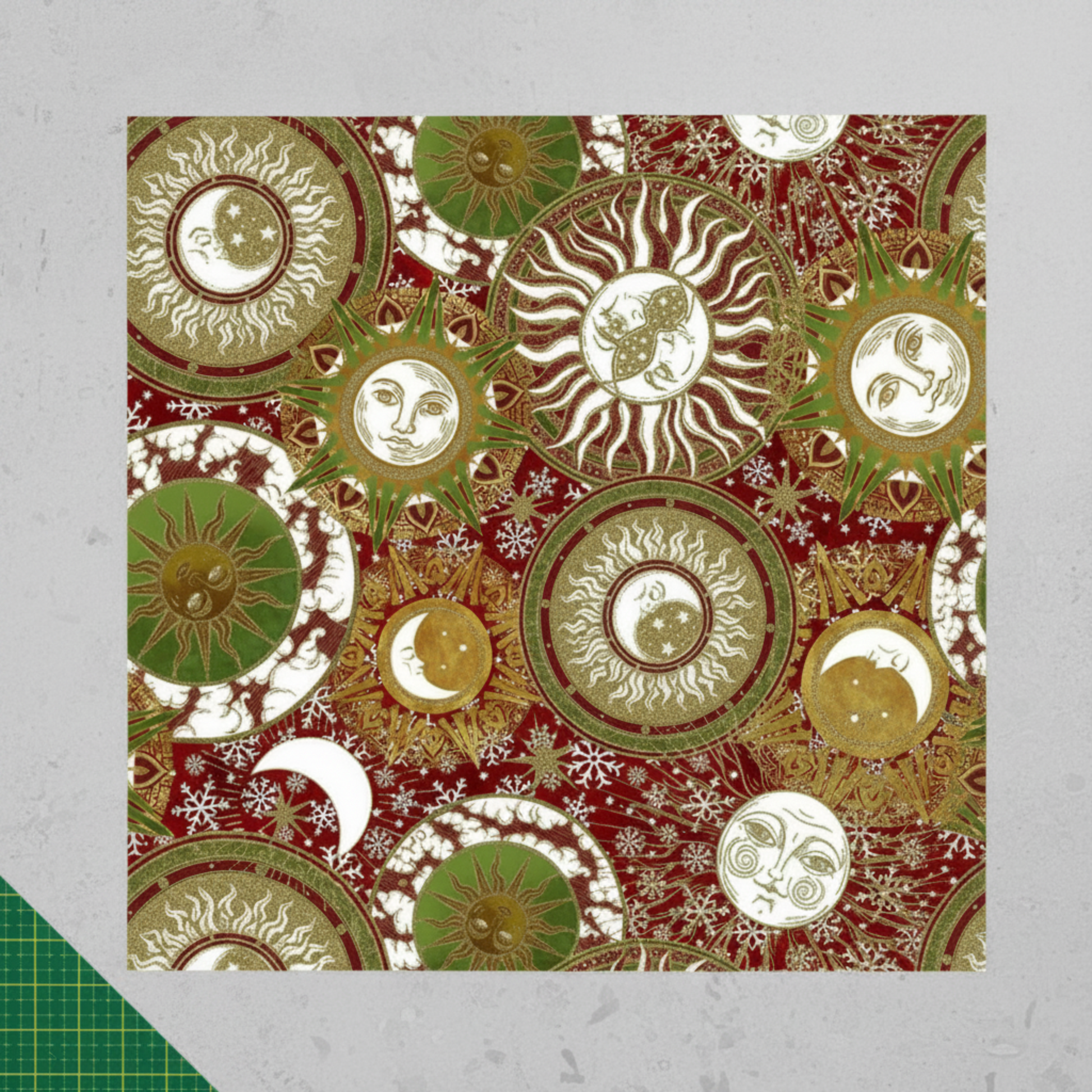 Winter Solstice II Multi Celestial Metallic quilting cotton by Jason Yenter for In The Beginning Fabrics — fabric flat lay showing dense jewel-toned celestial print with sun medallions, crescent moons, mandala rings, and snowflakes in deep crimson, forest green, gold metallic, and cream, 100% cotton with metallic accents, 43–44" wide. Quilt blocks shown for inspiration. Coordinating fabrics and quilt patterns are available at IraRobi Quilts.