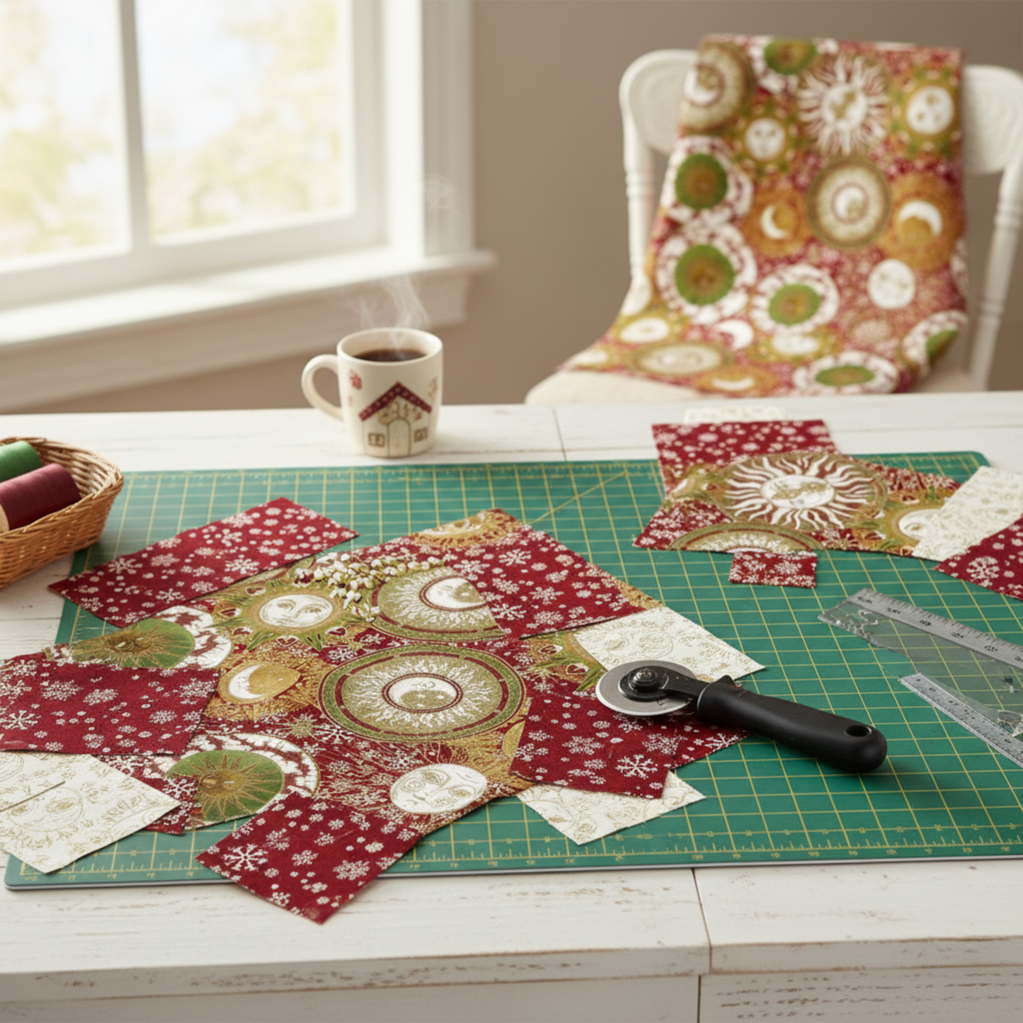 Winter Solstice II Multi Celestial Metallic quilting cotton by Jason Yenter for In The Beginning Fabrics — fabric cut into large squares alongside coordinating burgundy snowflake and cream metallic fabrics in a holiday quilt in progress, with cutting mat and rotary cutter in a cozy workspace. Quilts shown for inspiration. Coordinating fabrics and quilt patterns are available at IraRobi Quilts.
