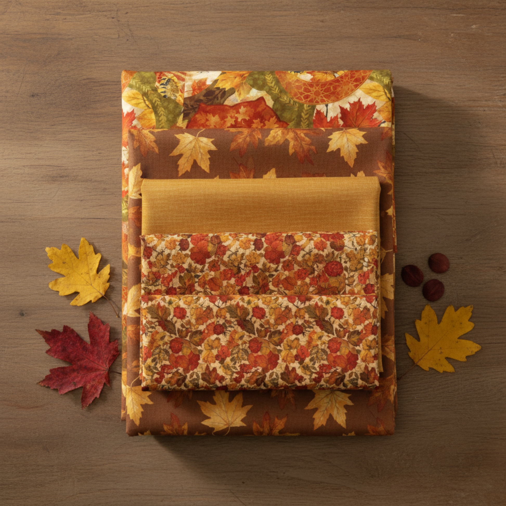Autumn Celebration Multi Circles fabric by Jason Yenter coordinated with Autumn Celebration collection fabrics — tonal golden amber blender, small leaf print, and brown maple leaves. Rich harvest palette for fall quilting projects. In The Beginning Fabrics, 100% cotton.