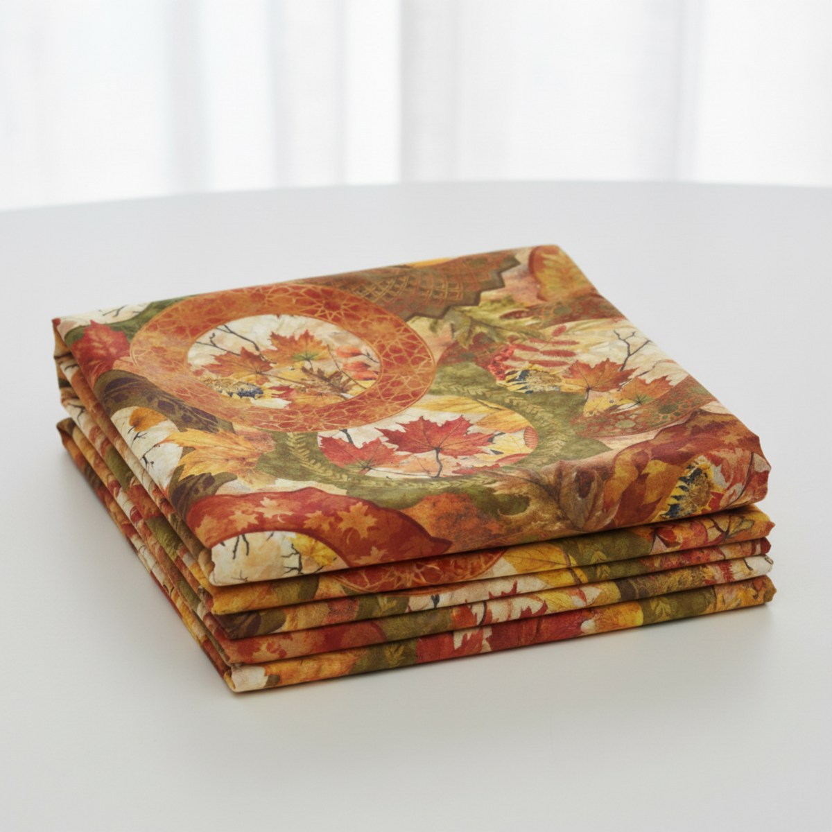 Autumn Celebration Multi Circles quilting cotton fabric by Jason Yenter for In The Beginning Fabrics — neatly folded stack showing the large-scale medallion circle print with layered autumn maple leaves in crimson, orange, golden yellow, and olive green on a warm earthy ground. Premium 100% cotton quilting fabric, 43–44" wide.