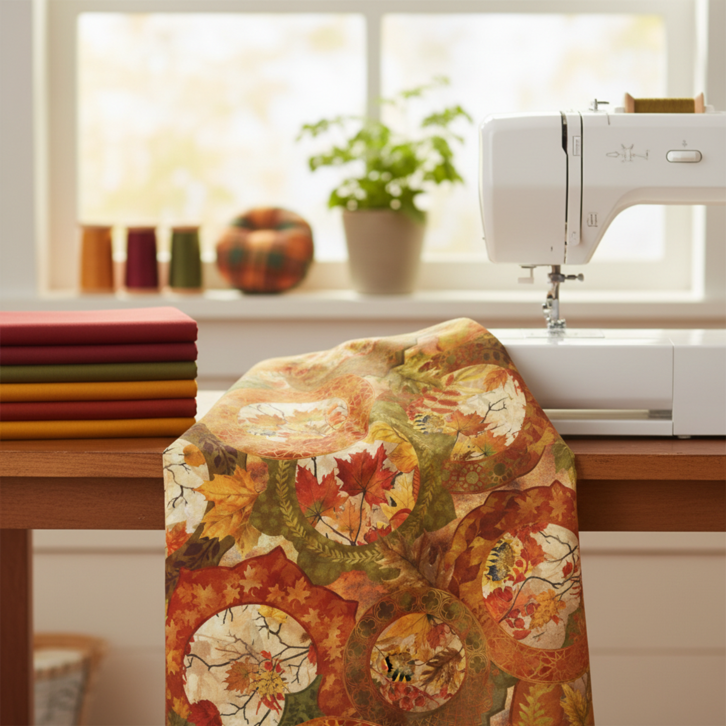 Autumn Celebration Multi Circles quilting cotton fabric by Jason Yenter for In The Beginning Fabrics in a cozy sewing room — large medallion circle print with layered autumn maple leaves in crimson, orange, golden yellow, and olive green draped near a sewing machine with coordinating autumn fabrics stacked nearby. 100% cotton, 43–44" wide. Available at IraRobi Quilts.