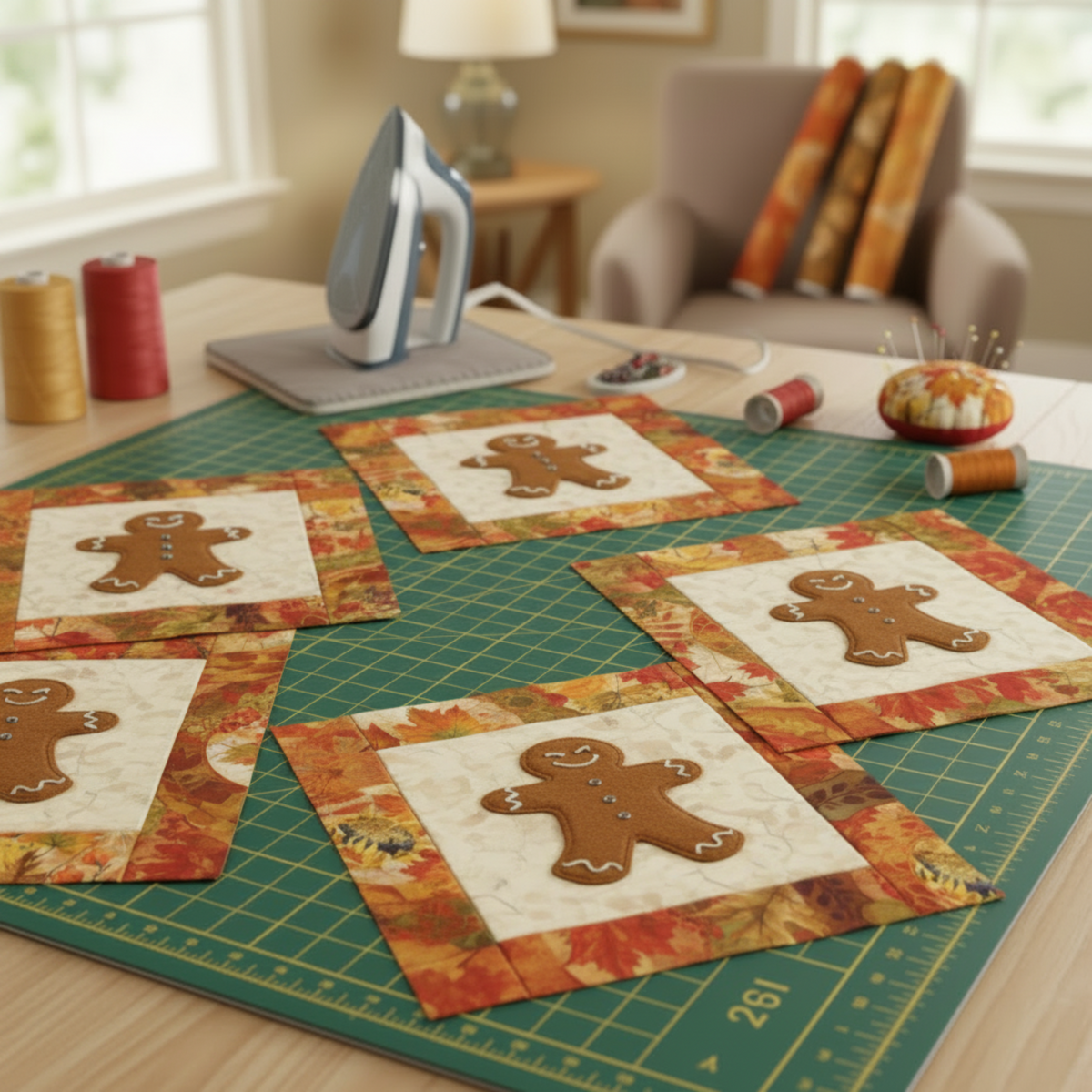 Work-in-progress quilt project using Autumn Celebration Multi Circles fabric by Jason Yenter as border strips — partially assembled blocks with cream centers and gingerbread person appliqué shapes pinned in place, surrounded by the large medallion leaf fabric in crimson, orange, gold, and olive. Coordinating fabrics and quilt patterns available at IraRobi Quilts.